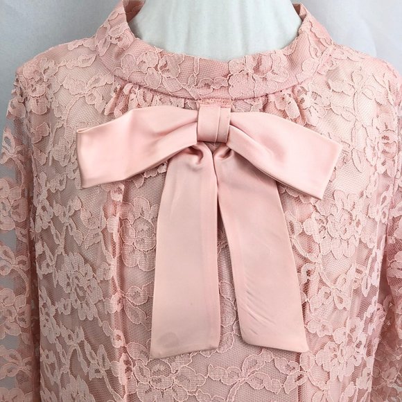 Vintage Handmade Lace Pink Dress Long Sleeve Bow Front Metal Zipper 60s - Picture 3 of 13